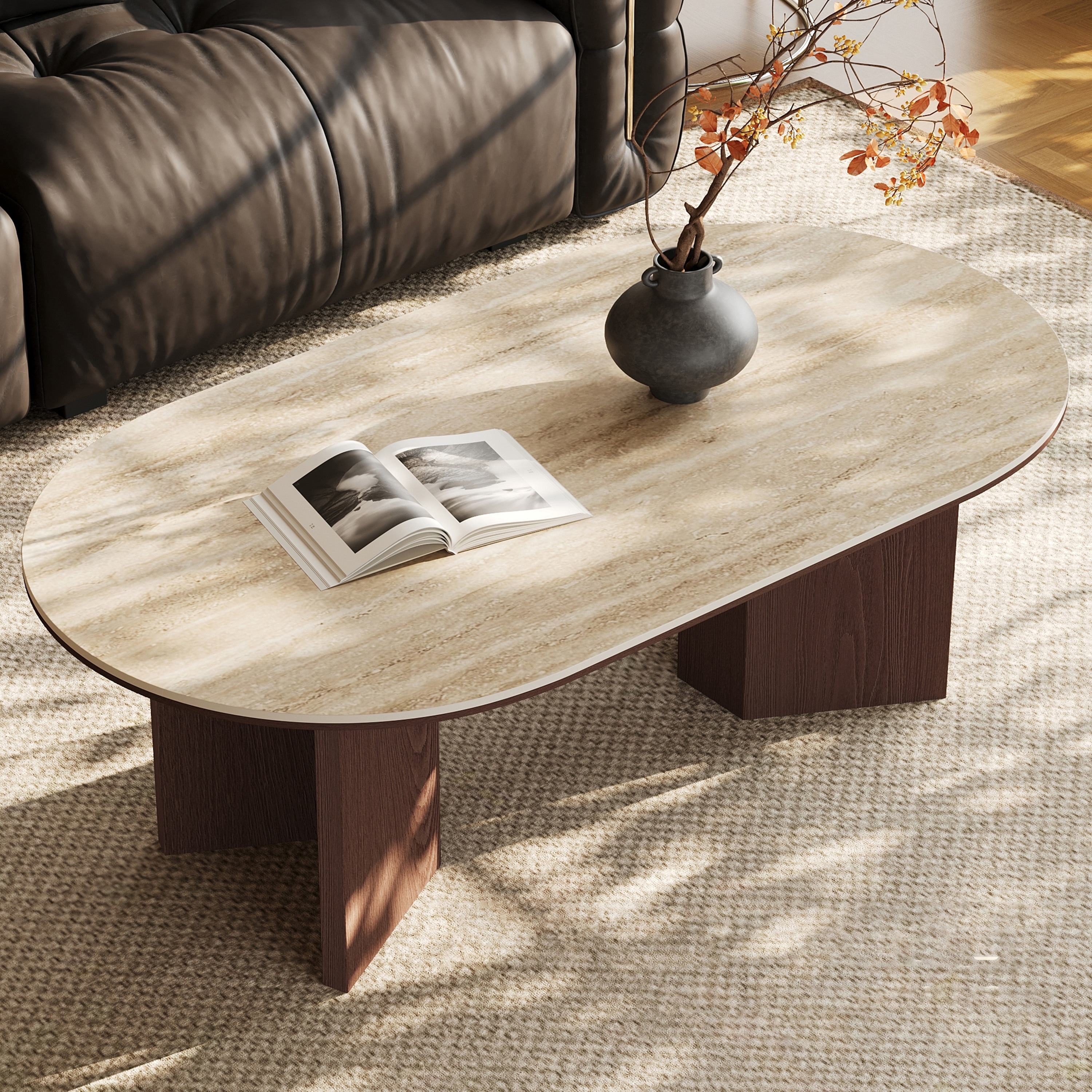 51" Oval Coffee Table with Beige Travertine Sintered Stone Tabletop & Walnut Solid Wood Base, Modern Living Room Accent Table