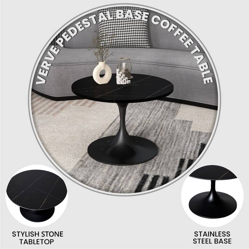 LeisureMod Verve 27" Round Coffee Table with Sintered Stone TableTop and Black Steel Base for Living & Bedroom