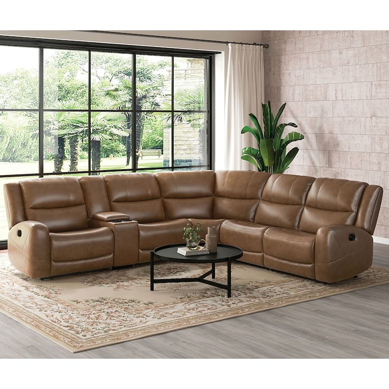 Furniture of America Rhea Brown Leather 5-Seater Reclining Sectional Sofa with Cup Holders - Brown