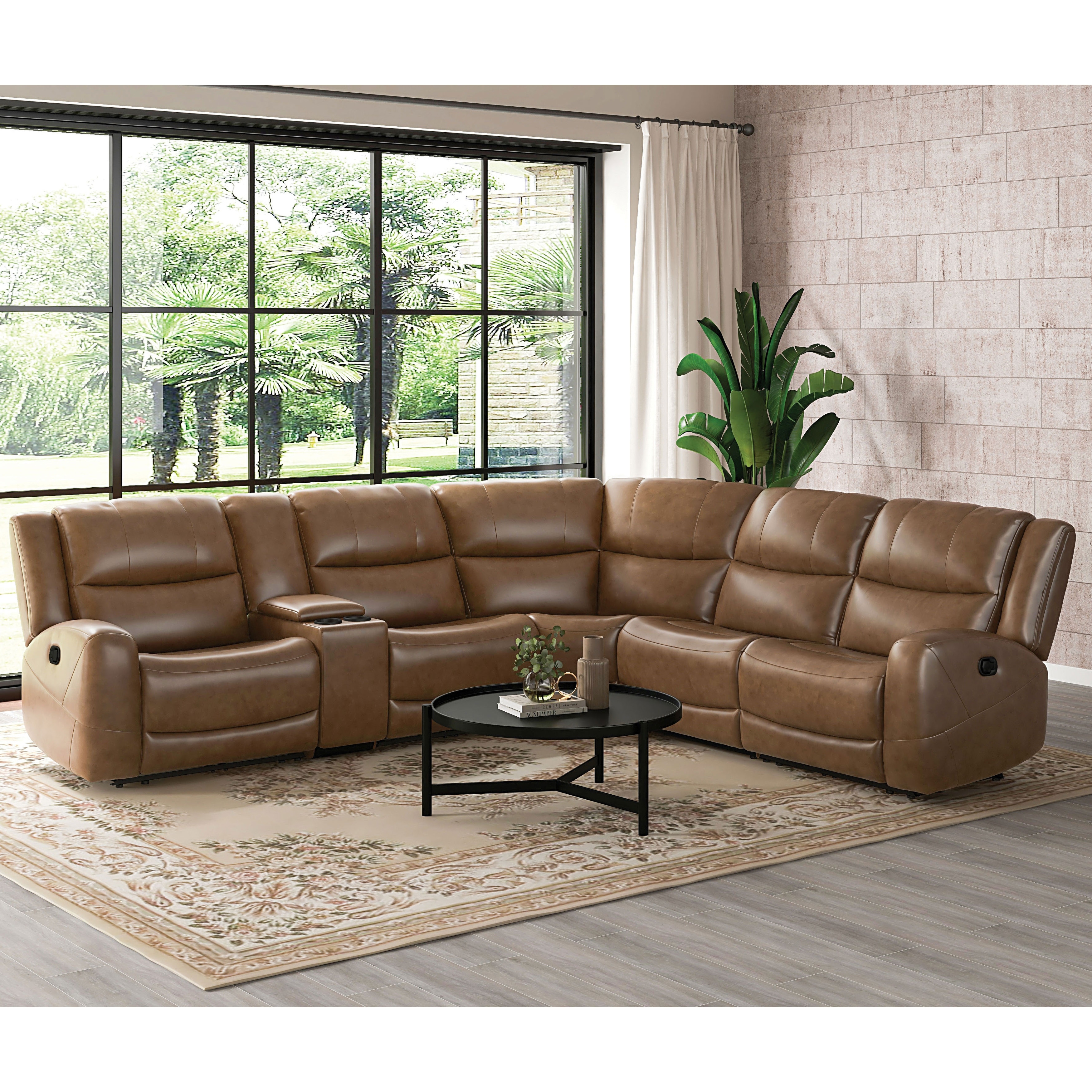 Furniture of America Rhea Brown Leather 5-Seater Reclining Sectional Sofa with Cup Holders
