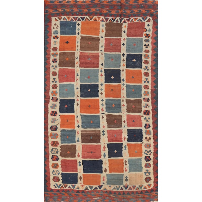 Hand Woven Oriental 100% Wool Carpet Southwestern Tribal Multi-Colored Kilim Area Rug - 7' 8'' X 4' 2''