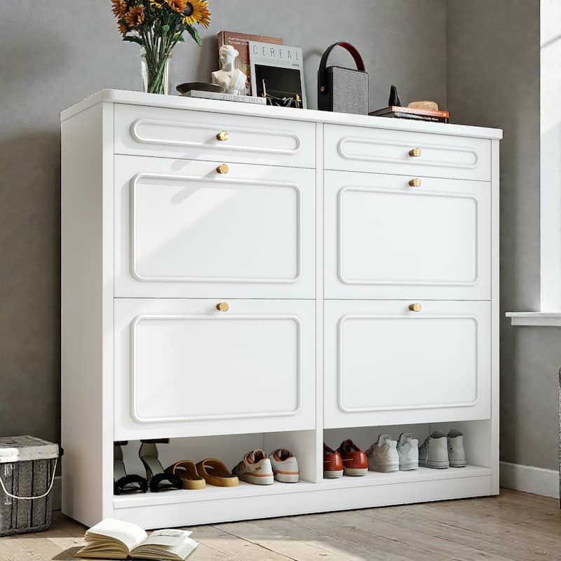 Wooden Shoe Cabinet with 4 Flip Drawers and 2 Storage Drawers, Farmhouse Shoe Storage Cabinet for Entryway Hallway