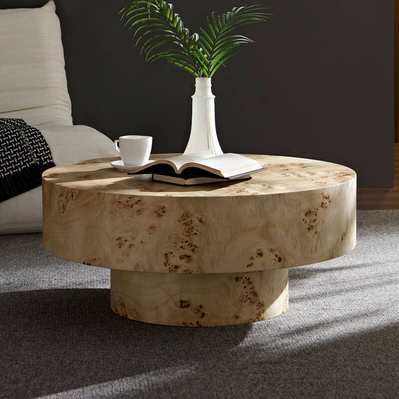 31.49" Mid-Century Modern Round Wood Coffee Table, with Burl Wood Veneer and Sturdy Pedestal, for Living Room