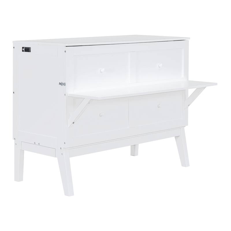 Full Size Murphy Bed Cabinet Bed with USB Port and Removable Shelves on Each Side, Two Movable Desks