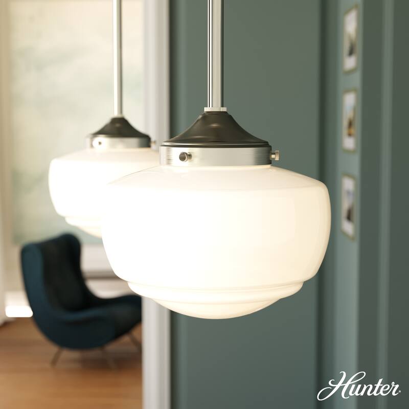 Hunter Saddle Creek 1-Light Mini Pendant / Semi-Flush Mount Ceiling Light - Kitchen Island, Dining Room, Hallway - Brushed Nickel-White Glass