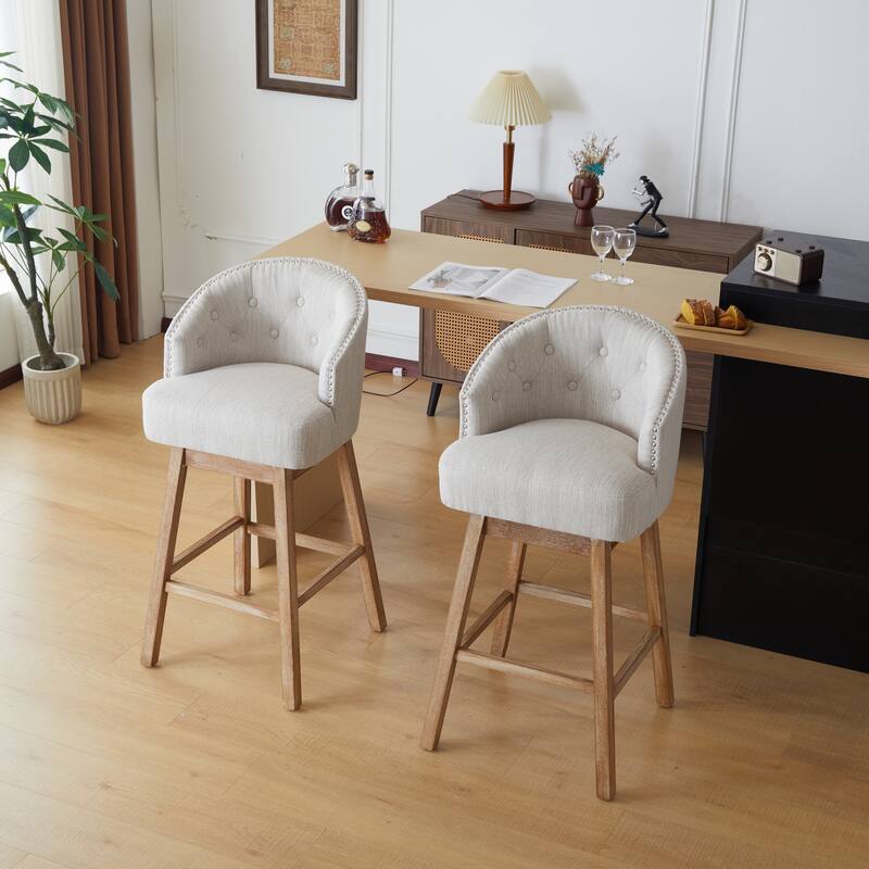 Roomfitters 33.25" Swivel Upholstered Counter Stools, Set of 2 Armless Bar Chairs with Rubberwood Frame and Footrest - Natural+Beige