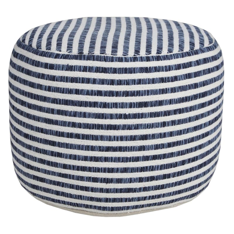 18" Blue and White Striped Round Pouf Ottoman