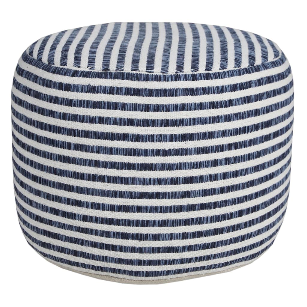18" Blue and White Striped Round Pouf Ottoman