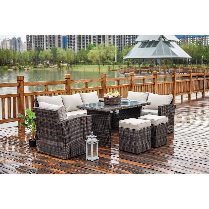 7 Piece Rattan Sofa Seating Group with Cushions Side Storage Box