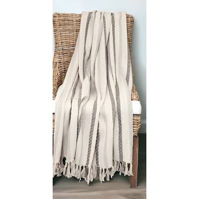 67" X 52" Beige Quilted Cotton Striped Throw Blanket