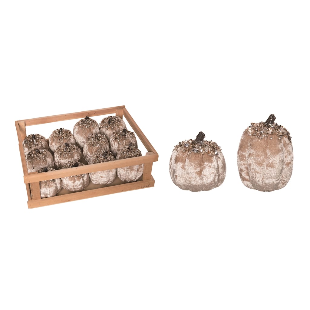 Transpac Foam 12.6 in. Brown Harvest Velvet Embellished Pumpkins in Crate Set of 12