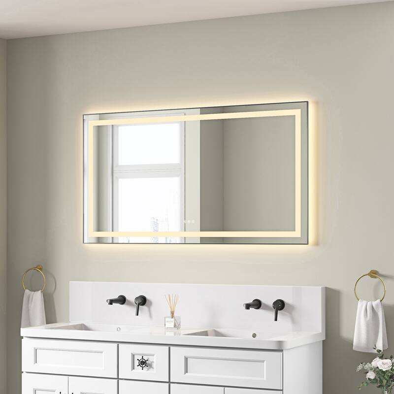 55 x 30 Inch LED Bathroom Mirror with Front and Backlight, Wall Mounted Vanity Mirror with Aluminum Frame, Anti-Fog - Gun Ash