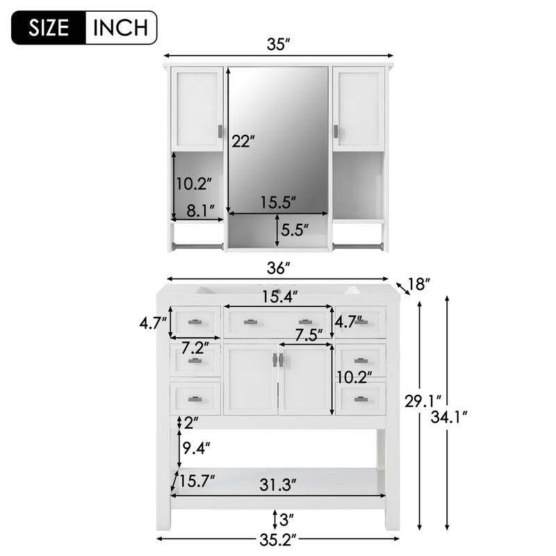 36"Freestanding Bathroom Vanity with Ceramic Sink and Mirror Cabinet