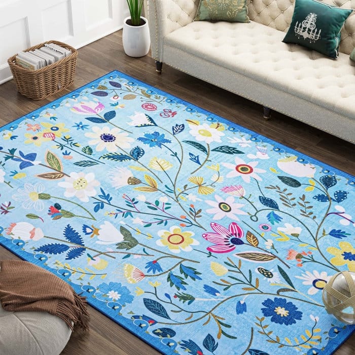 Nature Floral Non-Slip Machine Washable Colorful Modern Area Rug - Rectangle 5' x 8' - Blue