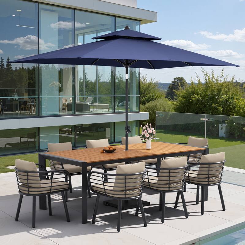 9/11-Piece Outdoor Dining Set w/10 ft Umbrella and Base Aluminum Dining Table and Chairs with Sunbrella Cushions