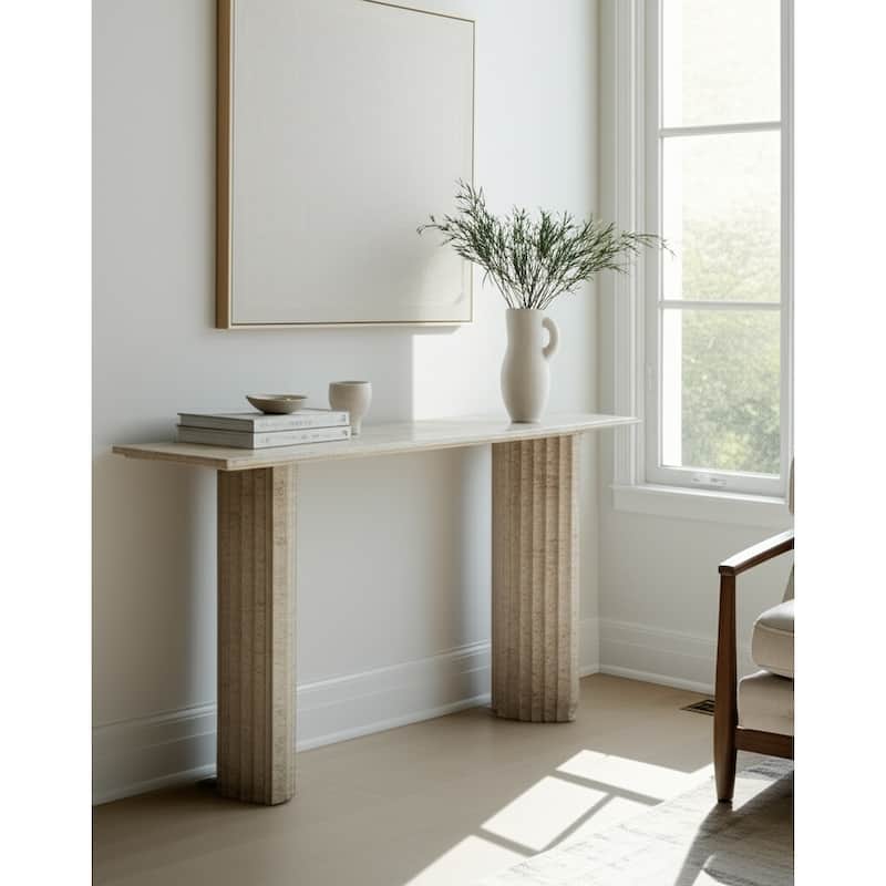 Travertine Console Table Rectangular Shape Narrow Entryway - 32" White - 54" x 14" x 32" - 54" x 14" x 32" - White - Marble