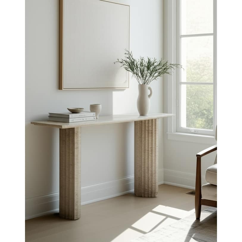 Travertine Console Table Rectangular Shape Narrow Entryway - 32" White - 54" x 14" x 32"