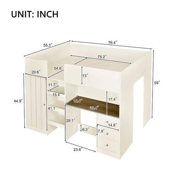 Full Size Loft Bed with Built-in Wardrobe, Wooden Bed with Desk, Storage Bed with Shelves and Drawers, Soft Beige