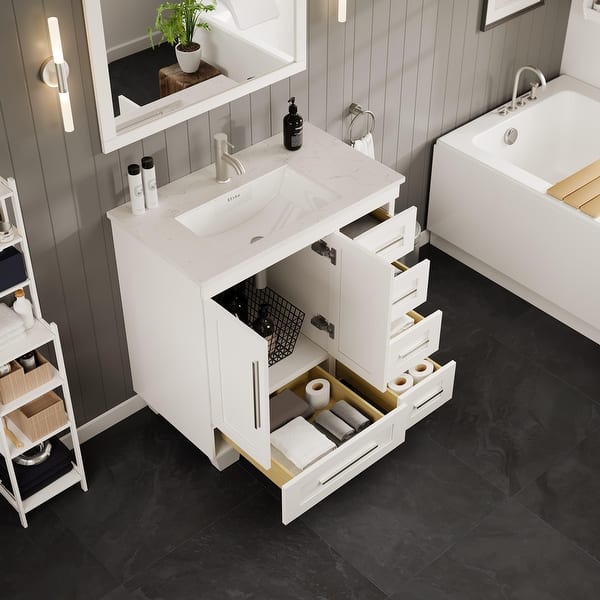Eviva Loon 30 in. W x 22 in. D x 34 in. H Bathroom Vanity in White with White Carrara Quartz Top with White Sink