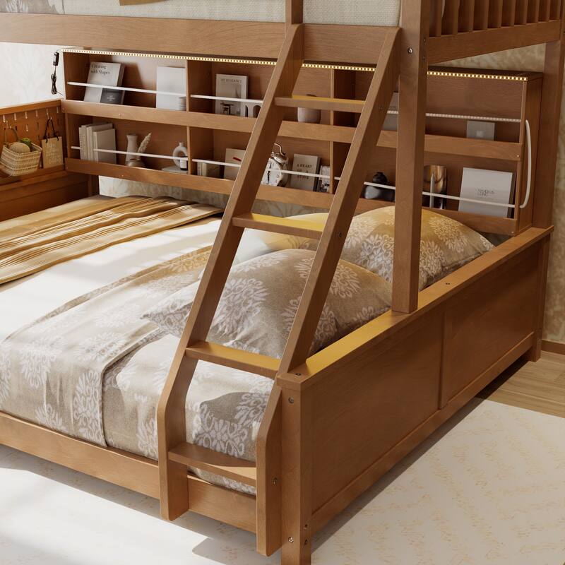 Kids Bunk Bed Frame with Integrated Shelving, Light Strip and Pegboard, Convertible into Floor Platform Bed and Low Loft Bed