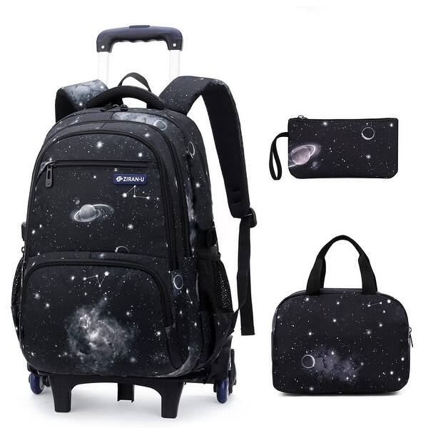 slide 2 of 7, 3Pcs Black Galaxy Boys Rolling Backpack Set with Insulated Lunch Bag, Multi-Pocket Trolley Elementary Bookbags School Bags Galaxy-Black