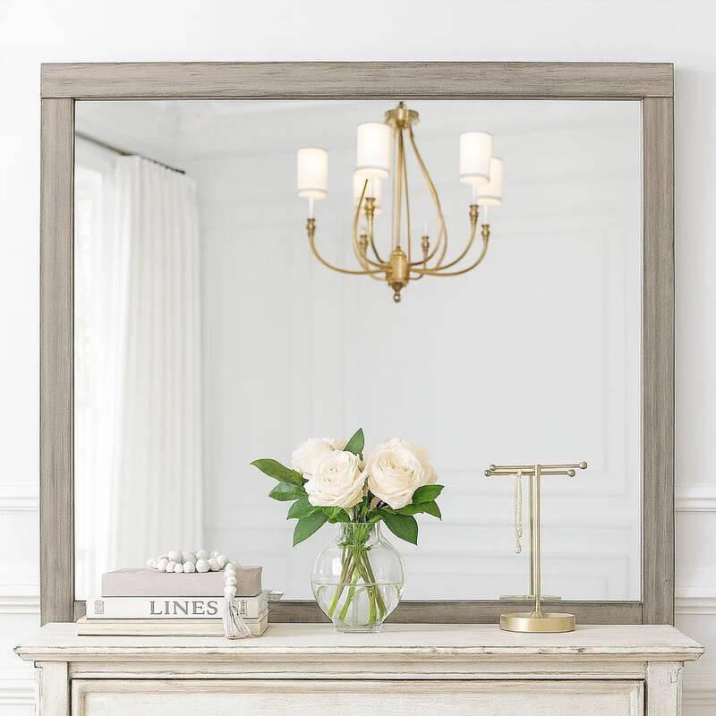 Deena 41 Inch Classic Accent Mirror, Wood Grain, Gray Finish