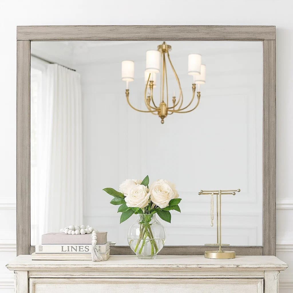 Deena 41 Inch Classic Accent Mirror, Wood Grain, Gray Finish