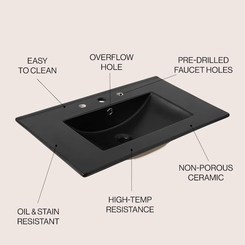 Aubert 3-Hole Classic Contemporary Rectangular Ceramic Single Sink Basin Vanity Top, by JONATHAN Y