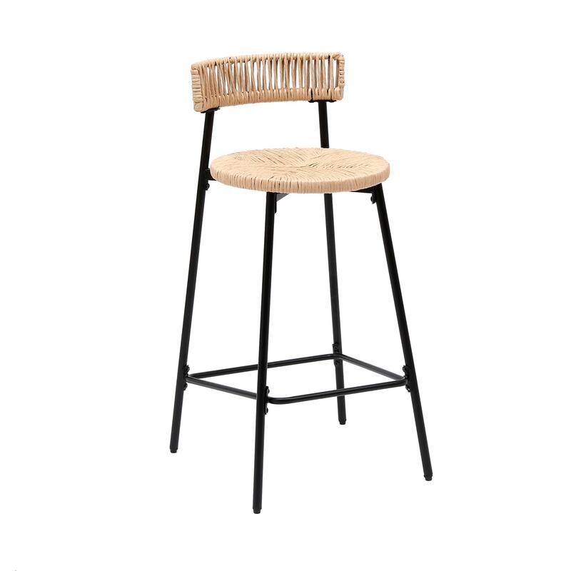 Outdoor Handwoven Paper Rope Bar Stools Set of 2, Boho Round Dining Pub Chairs with Metal Frame & Non-Slip Mats