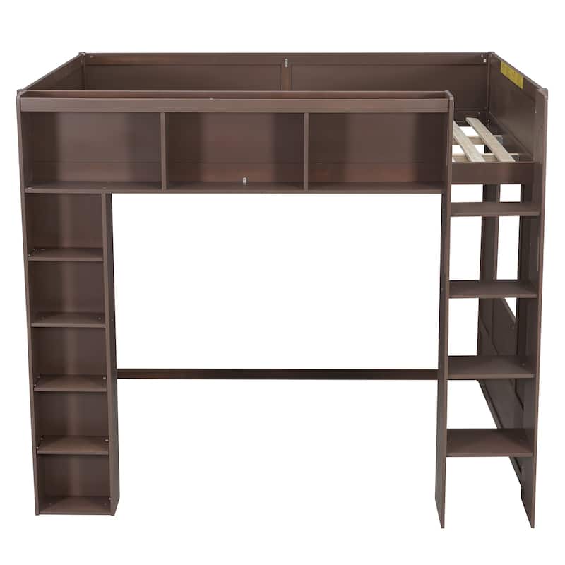 Queen Size Wooden Loft Bed with Storage Cabinets and Shelves, Multifunctional Country Style Design