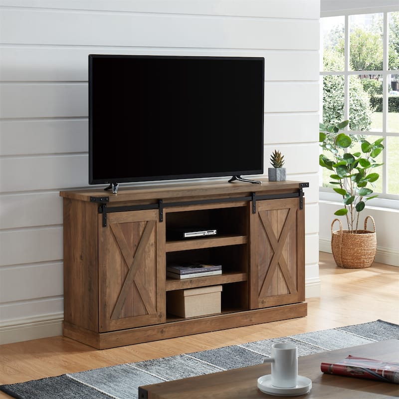 54" Farmhouse Sliding Barn Door TV Stand for TV up to 60 Inch Flat Screen