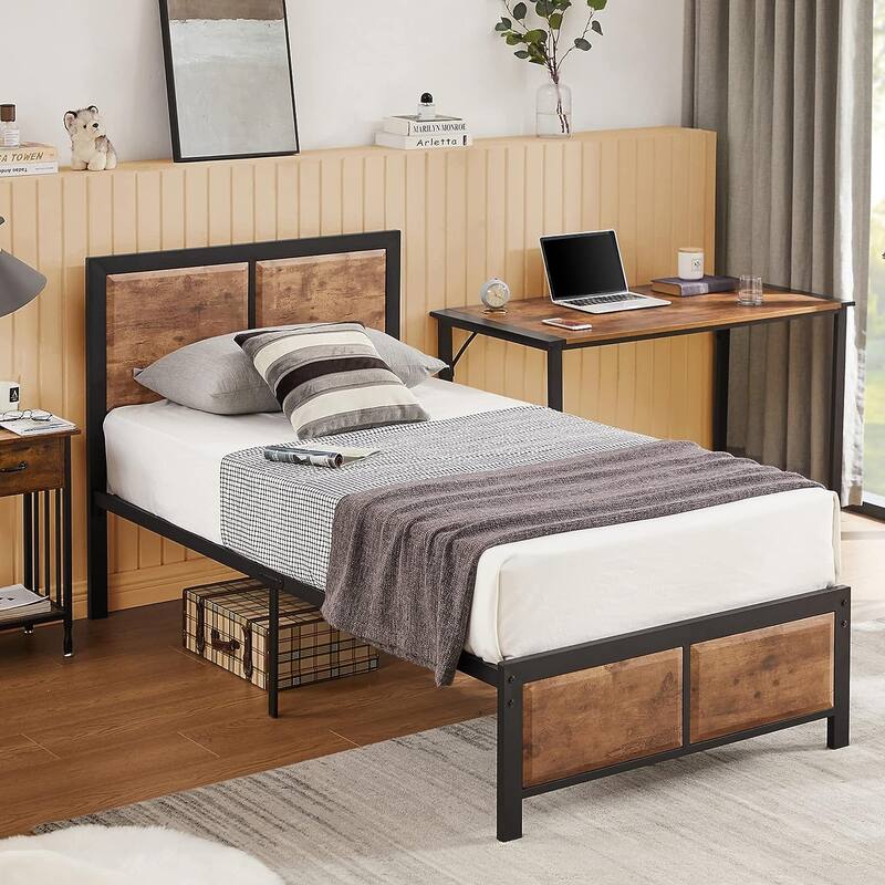 VECELO Platform Bed Frame with Wooden Headboard, Heavy Duty Steel Slats Support, No Box Spring Needed
