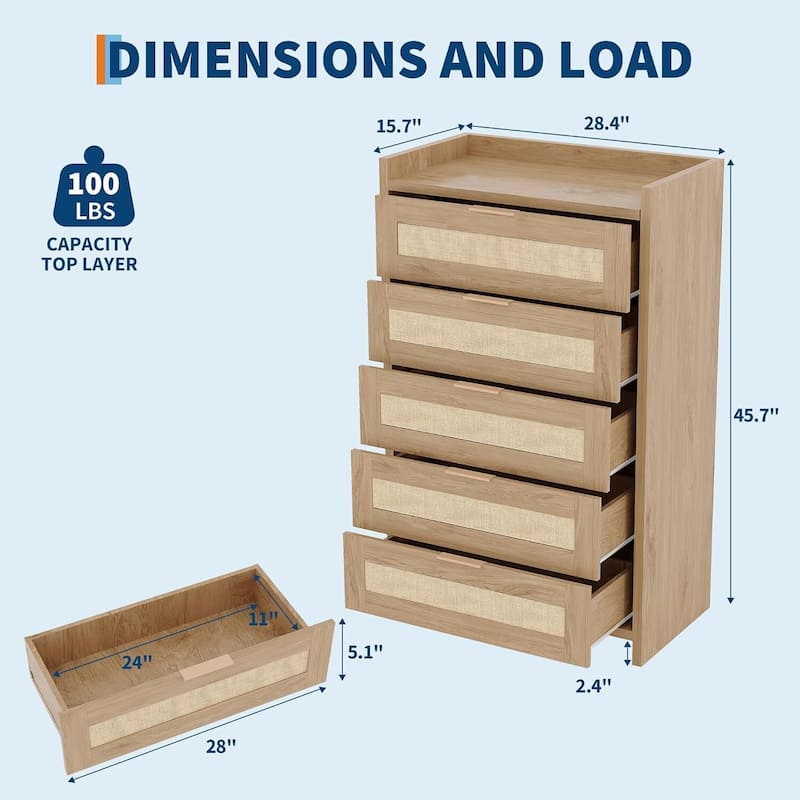 Boho 5 Drawer Dresser Storage Cabinet for Bedroom Living Room Hallway