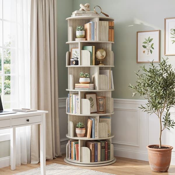 slide 2 of 104, 4/5/6 Tiers Round Rotating Bookcase, Revolving Floor Standing Bookshelf Corner Organizer Display Beige-6T
