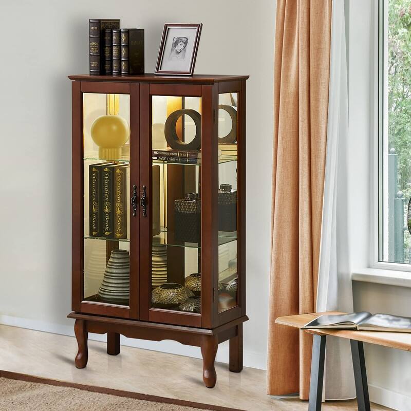 Curio Cabinet Lighted Diapaly Cabinet Wooden Shelving Unit with Adjustable Shelves and Mirrored Back Panel, Tempered Glass Doors