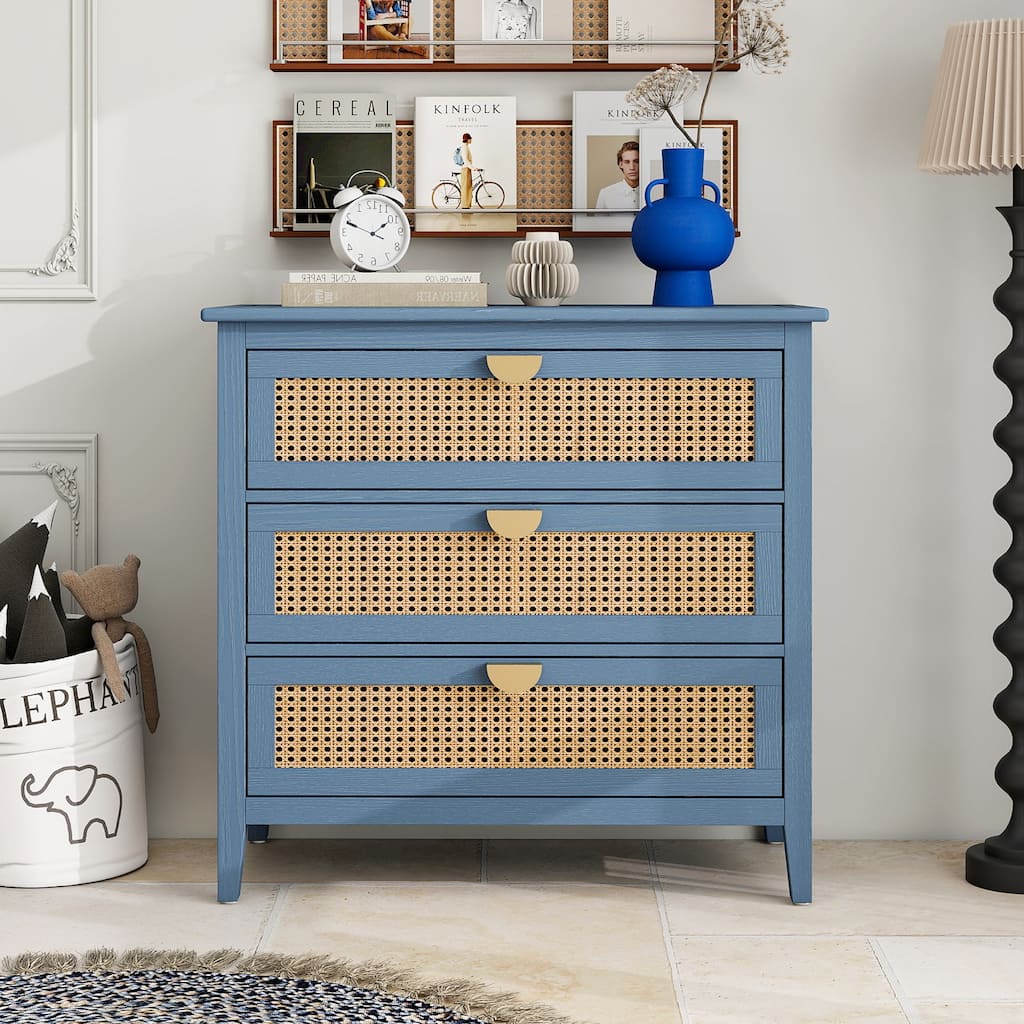 Roomfitters Rattan 3 Drawer Dresser, Boho Storage Chest with Woven Fronts for Bedroom, Living Room, Blue