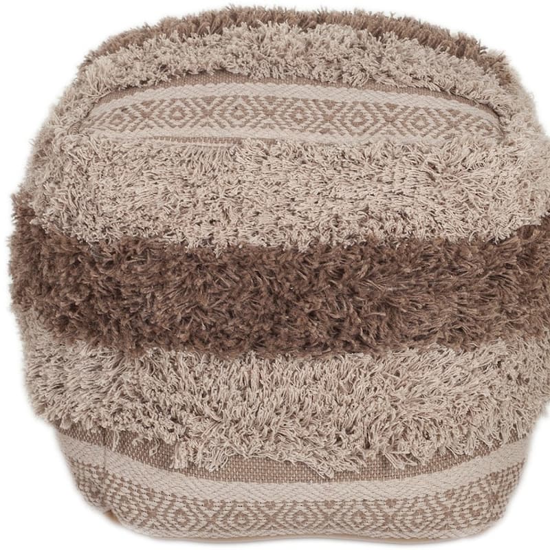 18 Inch Pouf Ottoman Beige Striped Cotton Blend Footrest or Seat Cube