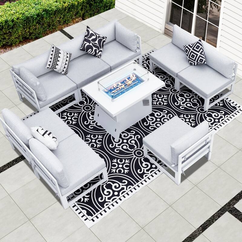 FINCATI Luxury 9-piece Oversized Aluminum Patio Furniture Set with 43'' Fire Pit Table for Outdoors - Light Gray