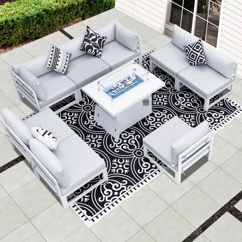 FINCATI Outdoor Furniture Aluminum Patio Set White Aluminum Outdoor Sofa with Thick Cushions and 29 Inch Deep Seat - 9 Pcs-A - Light Grey