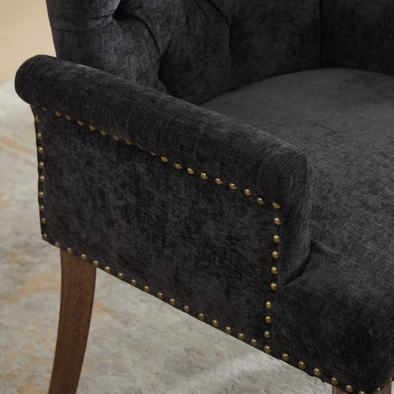 Upholstered Chenille Fabric Accent Dining Chair with Curved Solid Wood Legs