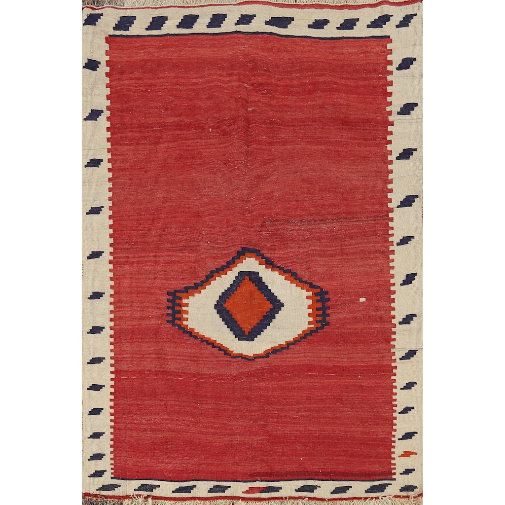 Red Kilim Qashqai Persian Vintage Area Rug Handmade Wool Carpet - 4'3"x 5'6"