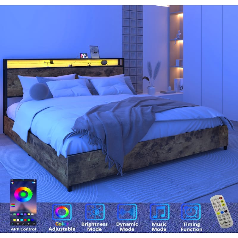 King Bed Frame, Storage Headboard with Charging Station, Solid and Stable, Noise Free, No Box Spring Needed, Easy Assembly