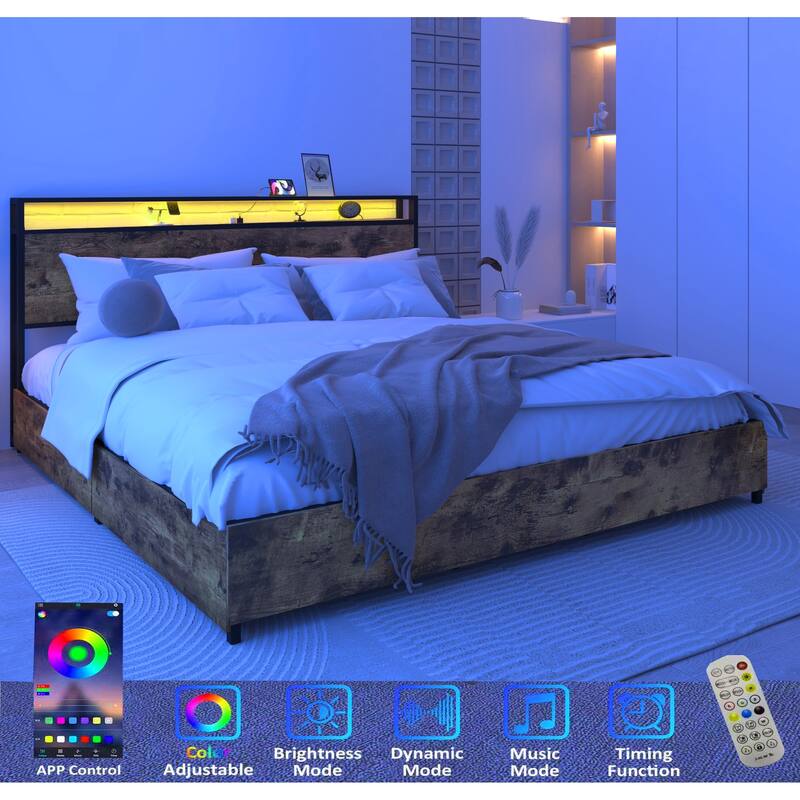 King Size Platform Bed Frame, Storage Headboard with Charging Station and LED Lights