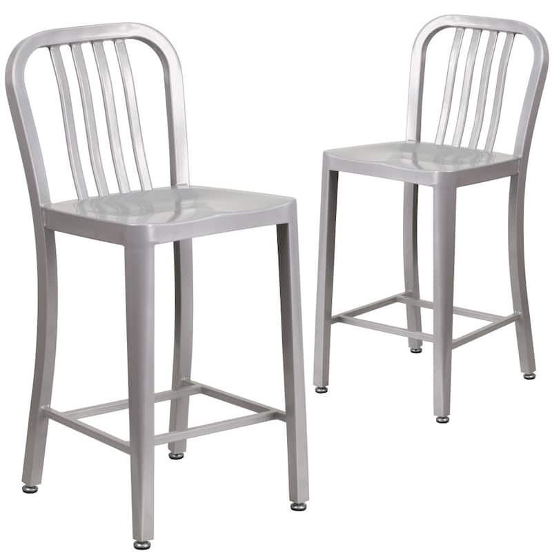 2 Pack 24'' High Metal Indoor-Outdoor Counter Height Stool w/ Vertical Slat Back