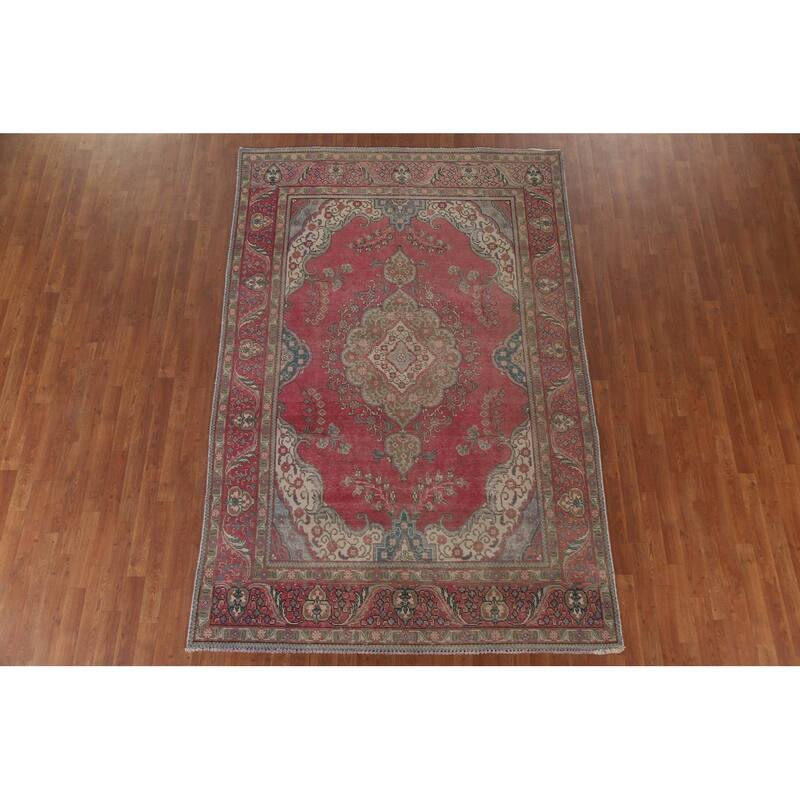 Hand Knotted Oriental 100% Wool Carpet Traditional Medallion Pink Tabriz Area Rug - 9' 6'' X 6' 3''