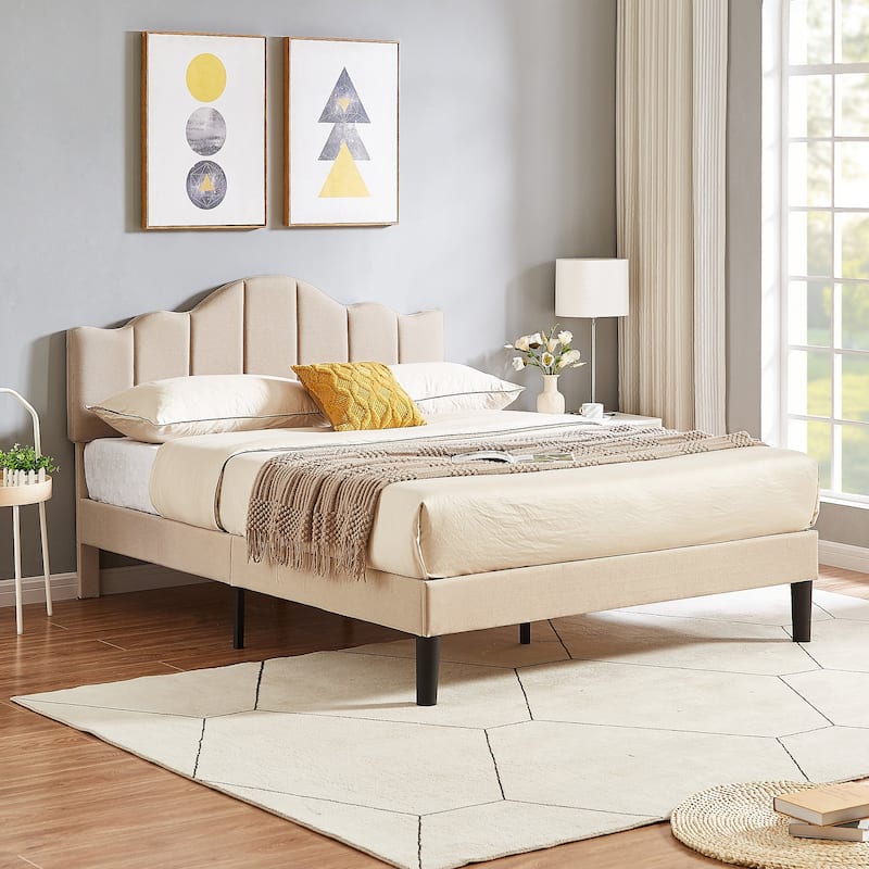 VECELO Modern Upholstered Platform Bed with Adjustable Headboard, Dark Blue/ White/ Grey/ Beige Bed Frames