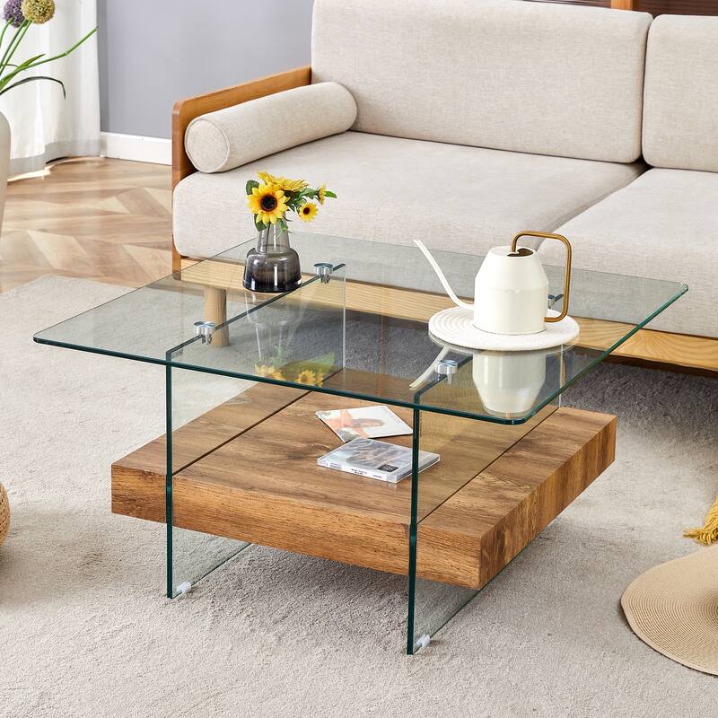 31.4 Inch Modern Two-Tier Square Coffee Table - An Elegant Combination of Clear Glass and Natural Wood Texture Sticker I