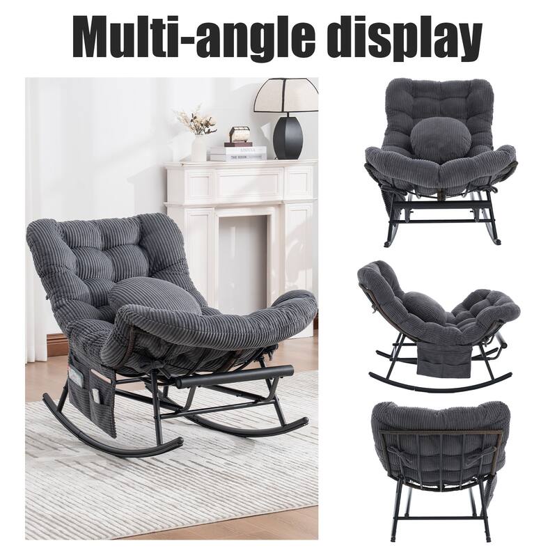 HOMEFUN Corduroy Upholstered Egg Shaped Design Steel Frame Rocking Chair with Side Pocket and Foot Pedal