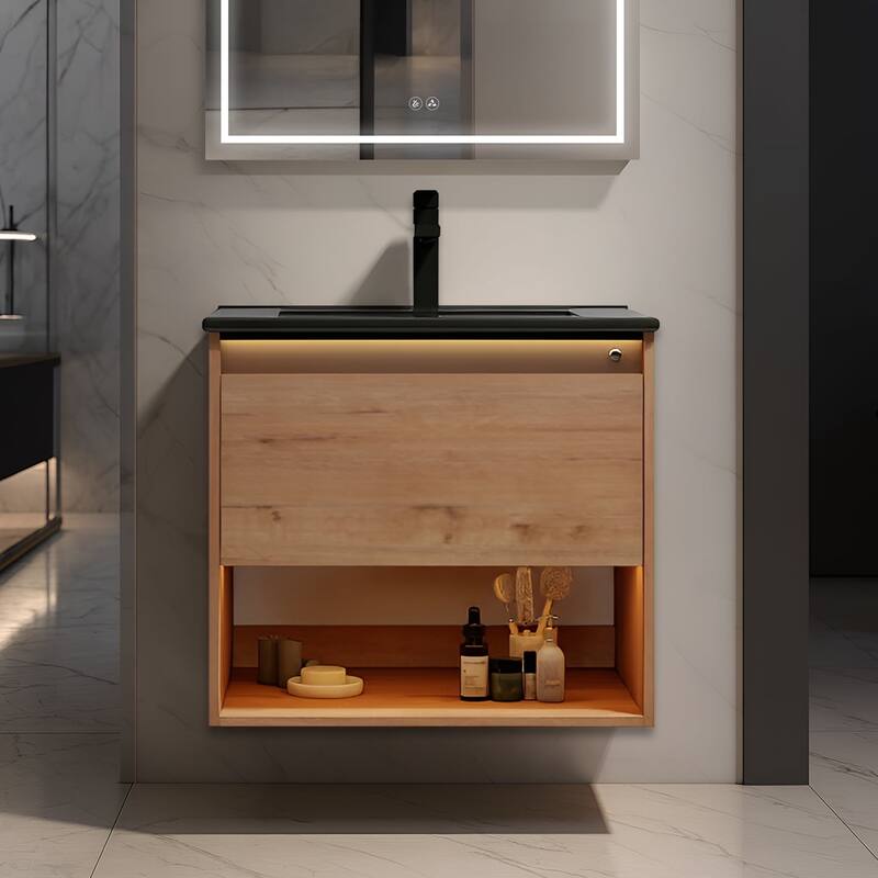 Blossom Bergen Wall Mounted Floating Bathroom Vanity with Sink - Oak - 24" MB Ceramic Sink