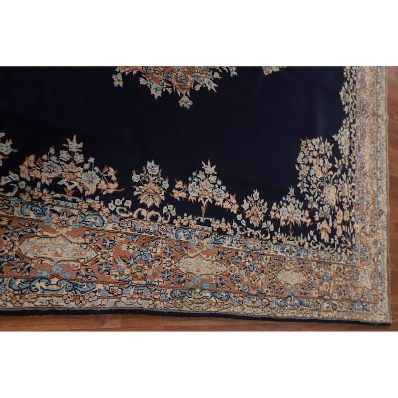 Navy Blue Floral Kerman Persian Antique Area Rug Handmade Wool Carpet - 6'11" x 9'7"